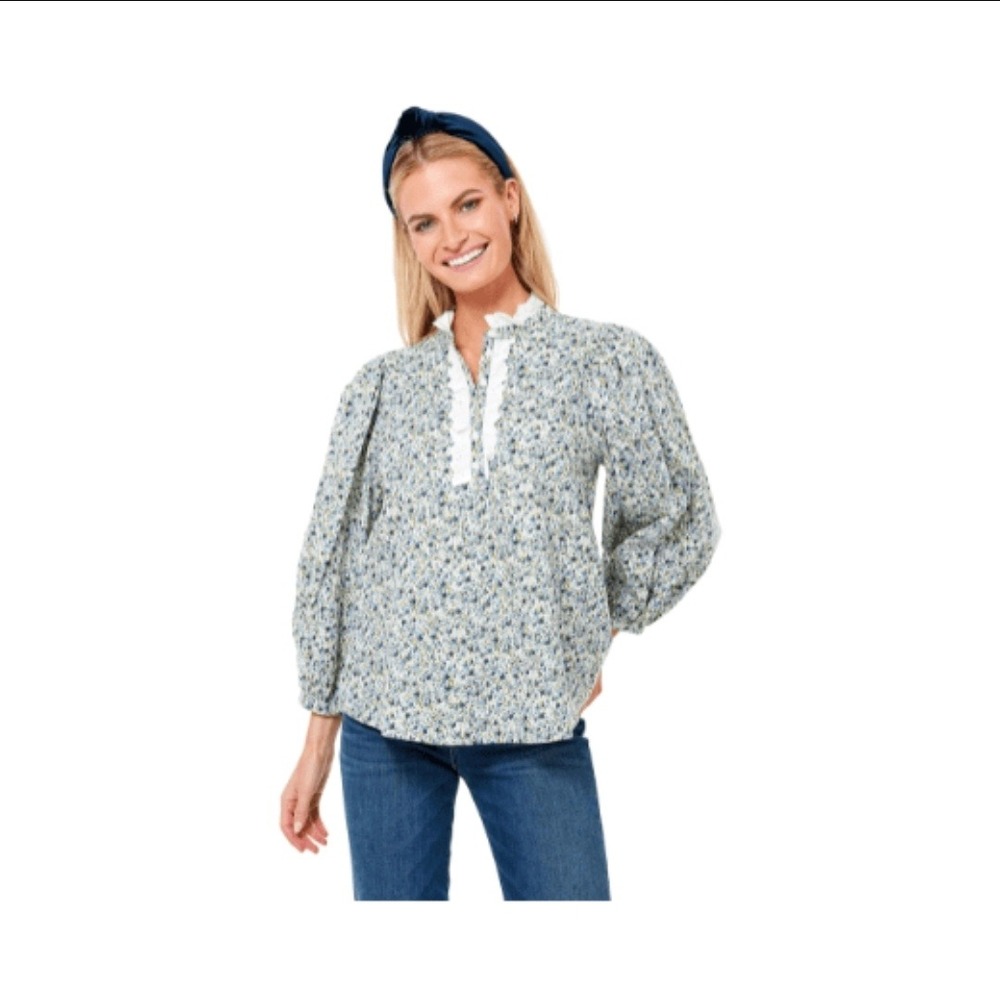 Tuckernuck Hyacinth House Blouse M Blue Floral Excellent Lace Trim Puff Sleeve
